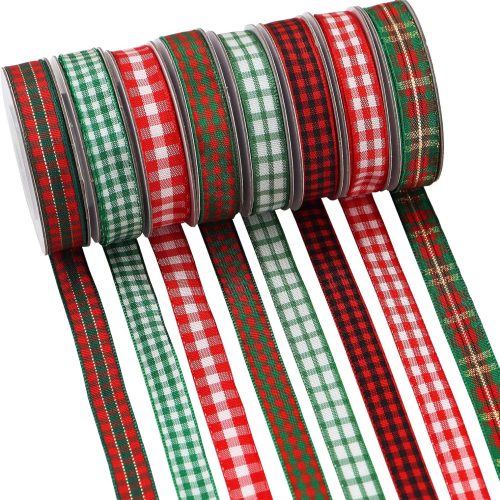 Plaid Christmas Ribbon, 3/8" X 5 Yard Each, Total 40 Yds, Red, Green, Gold, Polyester, Perfect for Gift Wrapping, Home & Christmas Decorations
