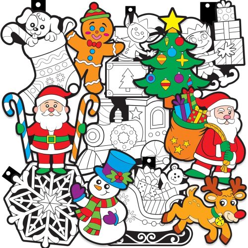 Color Your Own Christmas Ornaments - 12 Pack - Kids Holiday Arts and Crafts Fun for All Ages - Family Holiday Project, Decorate, Color and Hang Xmas Tree Ornaments (Santa, Reindeer, and More)