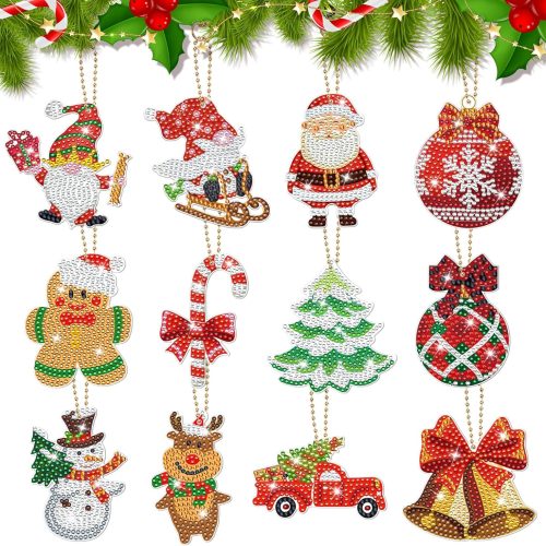 ZXOPM 12 Pcs Christmas Diamond Painting Kits Christmas Balls Diamond Painting Keychain Hanging Diamond Painting Keychains Ornaments for Crafts Family Decor