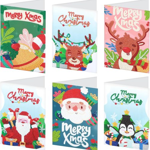 6 Pack 5D Diamond Art Christmas Greeting Cards with Envelopes, DIY Paint with Diamonds Holiday Card Kits, Handmade Diamond Painting Cards Crafts Xmas Gift for Friends and Family