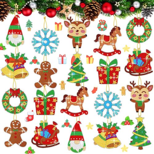 Realspring 20 Pcs Christmas Diamond Art Ornaments 5d Winter Diamond Painting Tree Decorations Has Xmas Hanging Rhinestones Art Kits for Adults Beginners DIY Crafts(Classic)