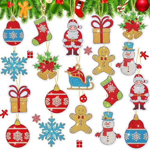 CT0519-DPK-147GT_1 Eersida 20 Pieces Christmas Diamond Art Ornaments Tags 5d DIY Keychains Kit Christmas Hanging Diamond Art Kits Ornaments for Xmas DIY Crafts(Lovely Style)