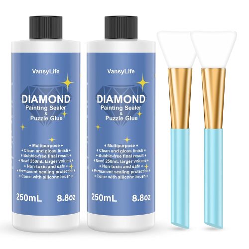 Updated Diamond Painting Sealer 2 Pack 500ML with Silicone Brush, 5D Diamond Painting Glue Accessories Permanent Hold & Shine Effect for Diamond Painting and Jigsaw Puzzles (17.6 OZ)