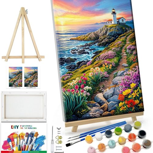 CT0520-PBN-78GT_1 JOOZ Paint by Numbers Kit for Adults with Frame Lighthouse Paint by Number with Easel Seaside Sunset Paint by Number for Adults DIY Flowers Oil Painting Kits for Home Wall Decor 8 x 12 Inch