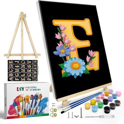 CT0520-PBN-93GT_1 JOOZ Letters Paint by Numbers Kit for Adults with Frame, Paint by Number for Beginners with Easel, DIY Letters Flowers Easy Paint by Number Kits Framed Canvas for Home Wall Decor 8 x 12 Inch, E