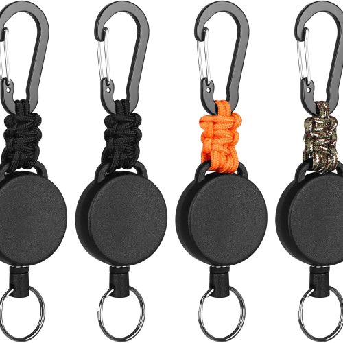 Retractable Keychain Heavy Duty Carabiner Badge Holder Retractable Badge Reel ID Holder Steel Cord and Paracord Extendable Key Ring 4 Pack