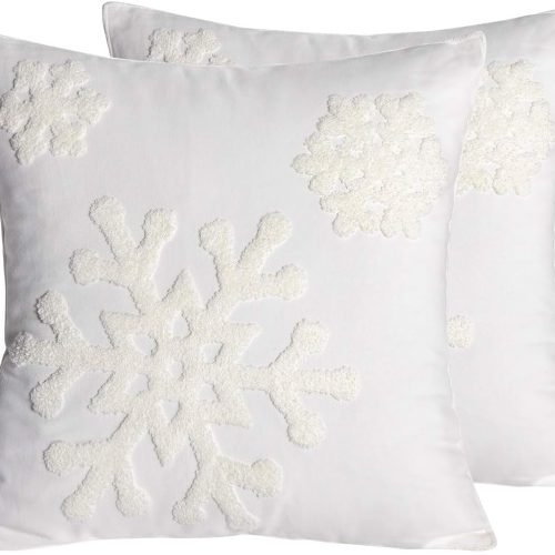 CT0522-PC-123GT_1 18x18,Cotton Christmas Blessing Throw Pillow Cover for Bed Sofa Cushion Car Snowflake Embroideried Pillowcases,1pair White