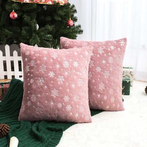 CT0522-PC-98GT_1 AQOTHES Soft Faux Fur Fuzzy Cute Decorative Throw Pillows Covers with Snowflake Glitter Printed Pillowcases for Christmas Decor Home Bed Room Sofa Chair Couch, Pink 18x18 inch, Pack of 2