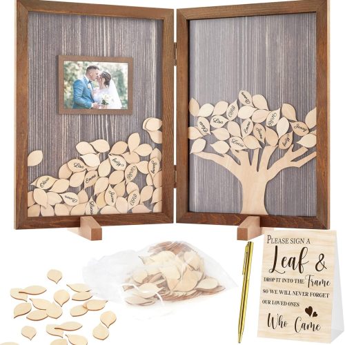 Gueevin 164 Pcs Wedding Decorations Favors Wedding Guest Book Alternatives 160 Pcs Leaves Reception for Guests Personalized Sign in Guest Book(Dark Color)