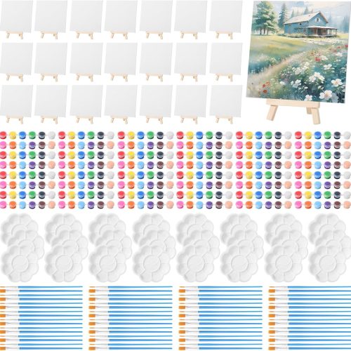 Qilery 24 Set 8 x 8 Inch Canvas Boards and Easel for Painting, Acrylic Paint Strips, Palettes, Brushes, Canvases Painting Kits for Kids Adults Artists Beginners Oil Acrylic Painting Party Favors