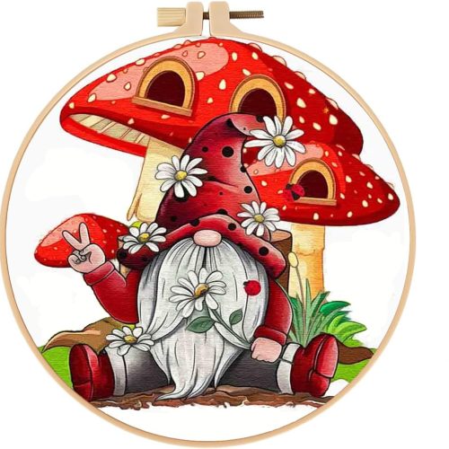 Stamped Cross Stitch Kits for Adults with Frame - Gnome Mushroom Embroidery Kits for Beginners Adults,11 CT Patterns Dimensions Counted Cross Stitch Kits Arts Craft Kits 8 x 8 inch