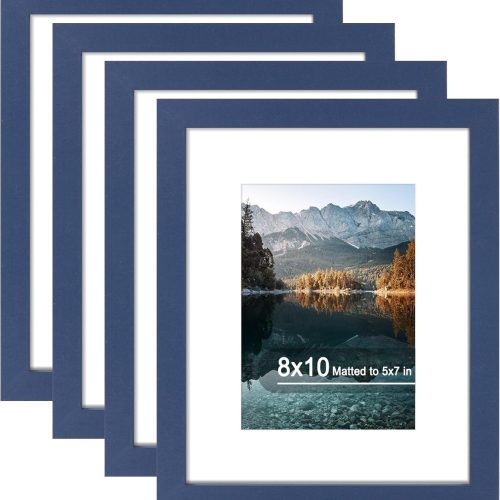 8x10 Picture Frame Set of 4, High Definition Real Glass, Display Pictures 5x7 with Mat or 8x10 Without Mat, Gallery Wall Hanging or Tabletop Photo Frames, Blue
