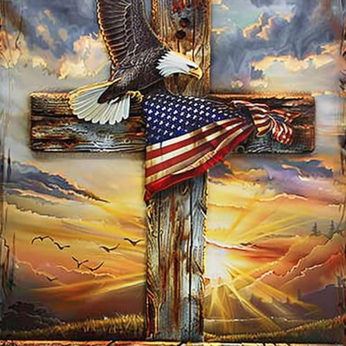 Beaudio Patriotism Theme Series Diamond Painting Kits for Adults- Amrica Flag Flew on The Cross - DIY Round Full Drill 5D Diamond Art for Home Wall Decor (11.8x15.7inch)