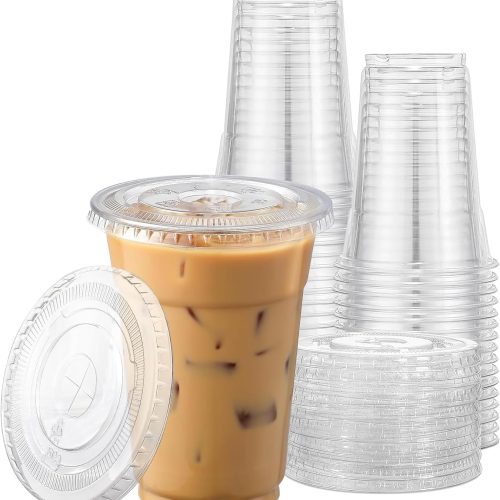 TashiBox Plastic Cups with Flat Lids 100 Sets 16 oz, Clear Crystal drink cups with lids