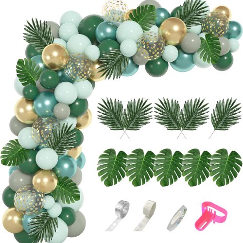 Amandir 151Pcs Jungle Safari Balloon Garland Kit, Metallic Green Gold Tropical Balloons Arch Artificial Palm Leaves for Animal Dinosaur Two Wild One Birthday Baby Shower Decoration Boys