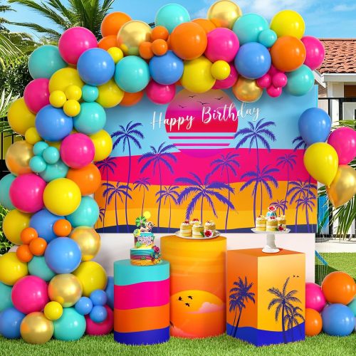 Golray 89pcs Hawaiian Tropical Balloons Garland Arch Kit with Backdrop, Beach Island Palm Happy Birthday Summer Decor Party Supplies, Luau Tiki Tropical Happy Birthday Party Decorations