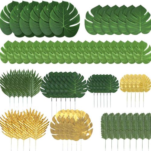 72 Pieces 10 Kinds Artificial Palm Leaves Golden Tropical Leaves with Stems Jungle Leaves Decorations for Hawaiian Luau Party Beach Baby Shower Wedding Birthday