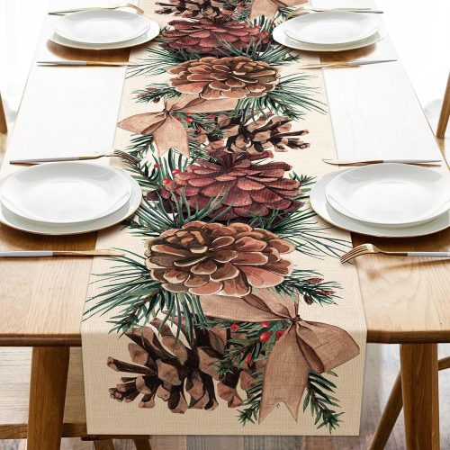 Seliem Winter Pine Cone Table Runner, Pine Needle Branch Red Berry Bow Farmhouse Kitchen Dining Table Decor, Christmas Holiday Seasonal Rustic Home Decoration Indoor Outdoor Party Supply 13x72 Inches