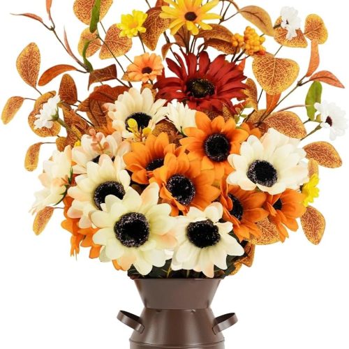 22.5" Fall Artificial Sunflower Centerpieces with Metal Pot, Fall Table Centerpieces Faux Sunflower Potted Plants Silk Flowers Floral Arrangement for Autumn Harvest Home Decoration