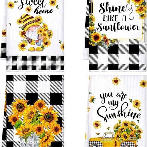 Kajaia 4 Pcs Sunflower Kitchen Towels Gnome Dish Cloth Flower Bee Lemon Sunshine Tea Hand Towels Absorbent Plaid Washcloth for Holiday Bathroom Housewarming Gifts(Sunflower)