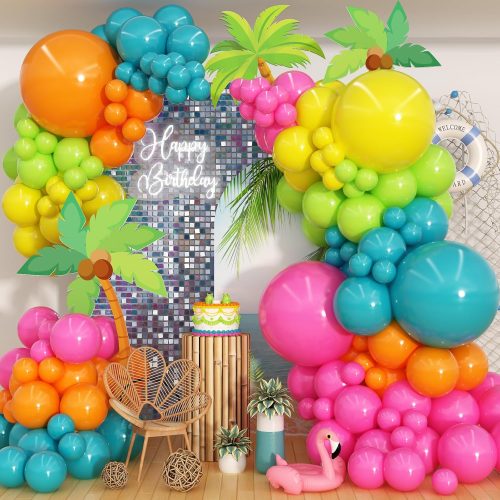 Summer Tropical Balloon Arch Garland Kit, Hot Pink Green Blue Yellow Orange Latex Rainbow Balloon Garland Kit with Hawaii Balloons for Hawaiian Luau Aloha Birthday Baby Shower Pool Party Decorations