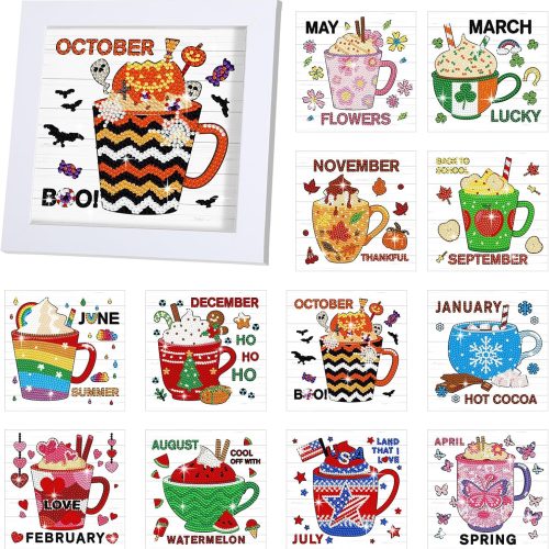 Trandraft 13 Pcs Interchangeable Seasonal Diamond Painting Kits for Adults 5D Diamond Art Calendar Kits with Frame for Fall Halloween Thanksgiving Christmas Table Decor Art Craft Gift(Coffee)