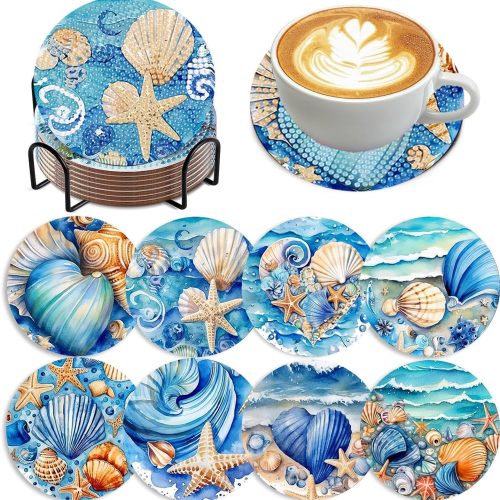 Zythron 8 PCS Diamond Art Coasters Ocean Diamond Painting Coasters Kits Ocean Animals with Holder DIY for Beginners, Adults, Diamonds Art Crafts Supplies 4x4 in