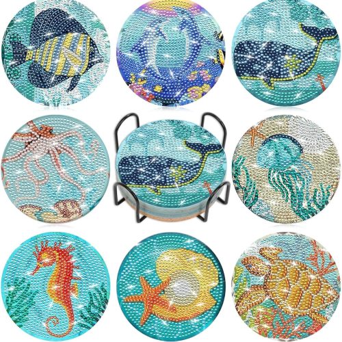 Billbotk 8 Pieces Diamond Painting Coasters Kit with Holder, Diamond Art Coasters, DIY Diamond Art Crafts Projects, Diamond Dot Kits for Adults and Beginners(Ocean Style)