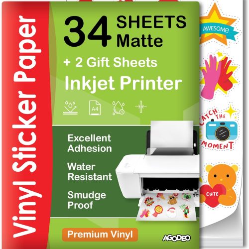 CT0605-BRT-381GT_1 Premium Printable Vinyl Sticker Paper for Inkjet Printer - 34 Sheets Self-Adhesive Sheets Matte White Water-Resistant, Dries Quickly Vivid Colors, Holds Ink Well - Tear Resistant