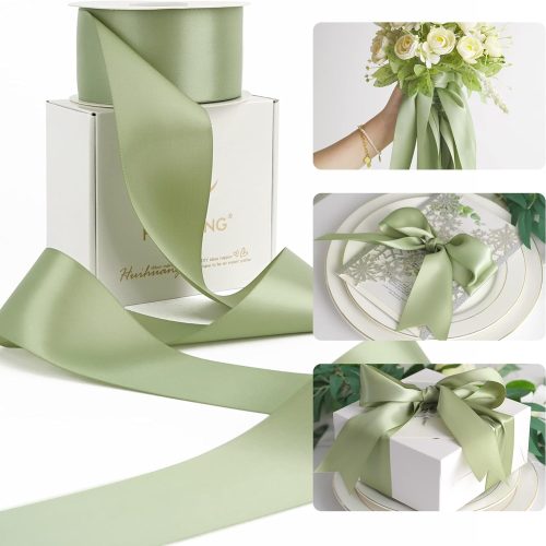 HUIHUANG Sage Green Satin Ribbon - 25 Yards/Roll for Flower Bouquets, Wedding Invitations, Gift Wrapping, Holiday Decor, Hair Bows