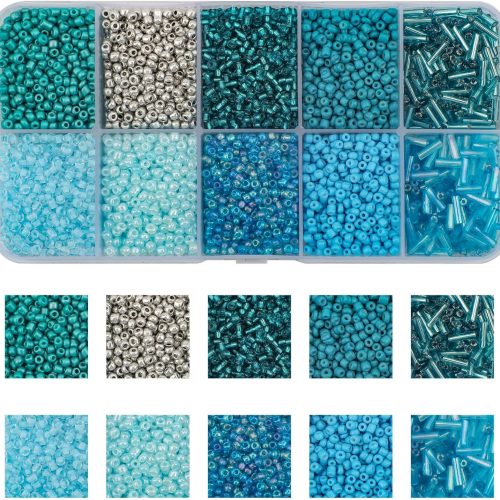 Approx 5000pcs 12/0 Glass Seed Beads for Jewelry Making, 2mm Mix 10 Colors Tube Beads Glass Bugle Beads Waist Beads Kit for Bracelets Necklaces Earrings DIY Supplies (Lake Blue)