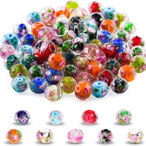 80pcs Flower Glass Beads for Jewelry/Bracelets/Crafts/Necklace Making,Gold Sand Lampwork Beads Cute Crystal Beads Sea Glass Seed Boho Beads for Rosary Crafts Handmade (10mm Mixed Color)