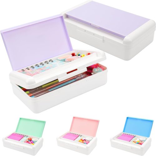 CT0611-PCS-61GT_1 SFLHHDM Pencil Box for Office Supplies Storage Organizer, Double Layer Large Capacity Pencil Boxes, Plastic Crayon Box with Snap-tight Lid,Stackable Storage Case for Gel Pen Pencils Case-Pale Purple