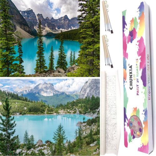CHUNXIA Paint by Numbers Kit for Adults Beginner,2 Pack Rolled Canvas Wall Art Easy Painting by Numbers Kit Landscape Lake Decor Packaged in a Nice Box,12x16inch(255-256)