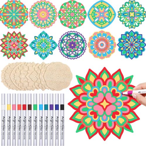 CT0614-PST-104GT_1 22 Pack DIY Wooden Mandala Art Set 10 Mandala Unfinished Wood Cutouts 12 Markers Lotus Flower Wood Painting Kits for Adults Painting, DIY Crafts Home Decors(Modern Style)