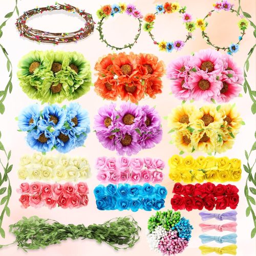 CT0617-FBR-55GT_1 Suncalla 30 Sets Flower Crowns Making Kit, Make Your Own Flower Crown Wreath Garland Headbands and Bracelets Craft Kit Handmade DIY Floral Hair Accessories Gift for Girls/Teens/Women(Azalea)
