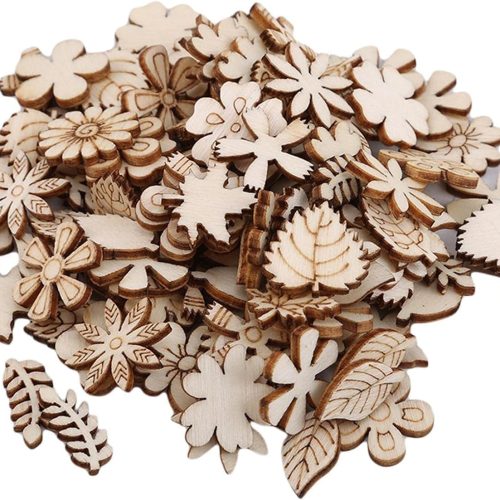 100 Pcs Unfinished Wooden Flower Wood Slice Leaf Pattern Cutouts Pieces Mini Wooden Handmade Decoration, Wood Blocks for Craft Flower, DIY Craft Supplies