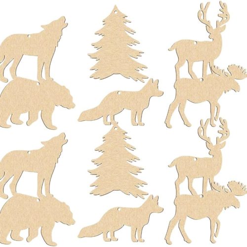 NUOBESTY 30pcs Unfinished Wooden Animal Forest Cutouts Wood Cutouts to Paint Animal Shapes Wooden Crafts with Holes for DIY Craft Art Christmas Holiday Party Hanging Decors