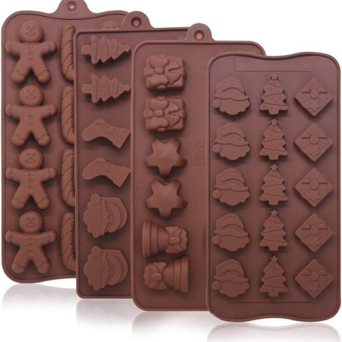 Chocolate Baking Molds Christmas, YuCool 4 Packs Small Santa Silicone Molds for Candy Gummy Candle,Snowman Socks Christmas Tree Molds