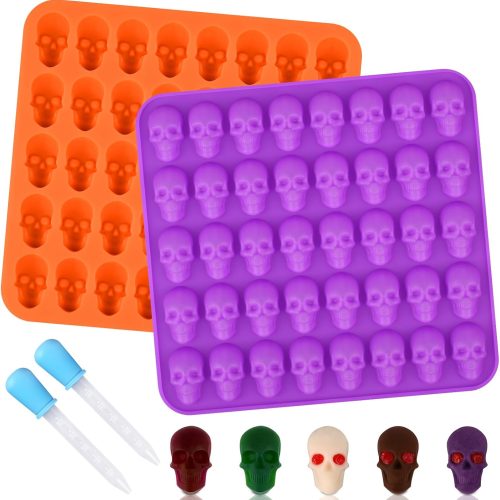 Sakolla 2 Pack Gummy Skull Candy Silicone Molds 40 Cavity Silicone Skull Molds with 2 Droppers for Halloween Chocolate, Candy,Jelly, Wax Melt, Dog Treats, Ice Cube