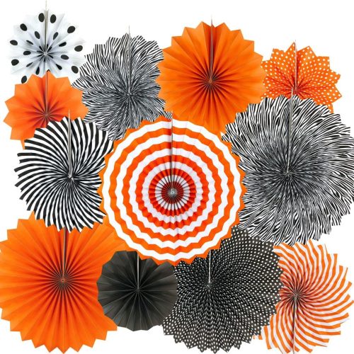 Black Orange Party Hanging Paper Fans Party Ceiling Hangings Halloween Baby Shower Birthday Wedding Party Decorations, 12pc
