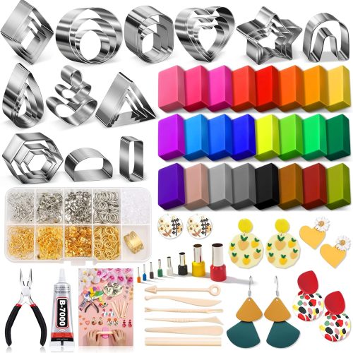 Polymer Clay Earring Making Kit- 30 Clay Earring Cutters, 24 Color Polymer Clay, 8 Circle Cutters, Rollers, B7000 Glue, 640 PCS Earring Making Tools Accessories for Jewelry DIY (Instructions Include)