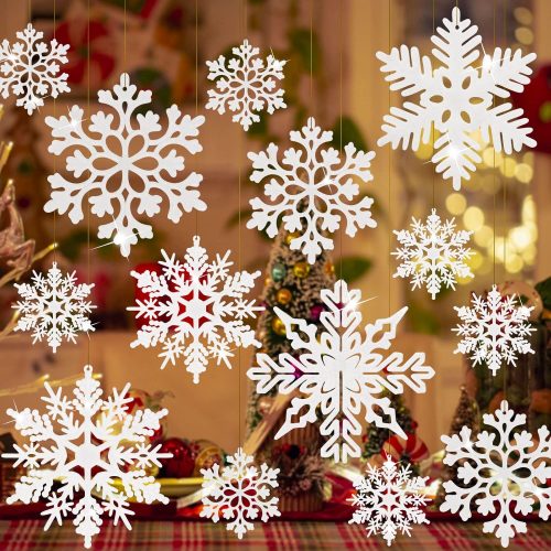 JULMELON 48 PCS Glitter Snowflake Ornaments - 4 Different White Christmas Decorative Hanging Ornaments for Decorating, Crafting, Wedding