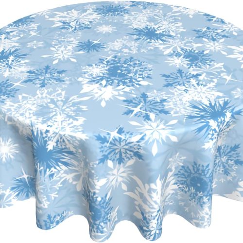 Sweetshow Christmas Snowflake Blue Round Tablecloth 60 Inch Blue and White New Year Decor Holiday Snow Winter Table Cloth Polyester Fabric Washable Table Cover for Home Kitchen Outdoor Party