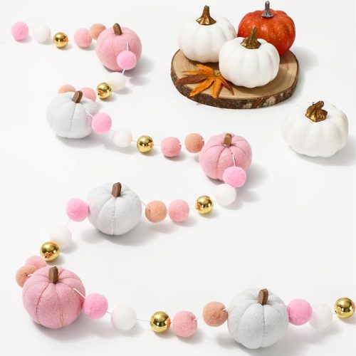 CT07010PRTD140GT_1 8.2Ft Fall Felt Garland 3D Pink White Pumpkin with Gold Bead Hanging Banner Colorful Pom Ball Banner for Autumn Thanksgiving Party Supplies Home Wall Decor
