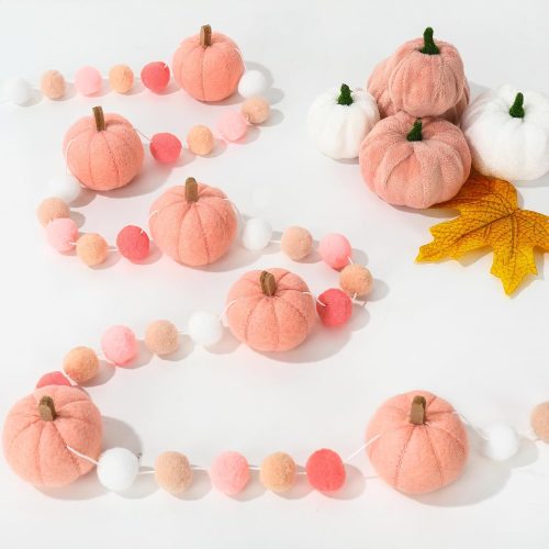 Whaline 8.2Ft Fall Felt Pom Pom Banner Pink 3D Pumpkin Shape Felt Hanging Garland Colorful Pom Ball Pre-Assembled Bunting Banner for Autumn Thanksgiving Home Mantel Wall Window Decor Party Supplies