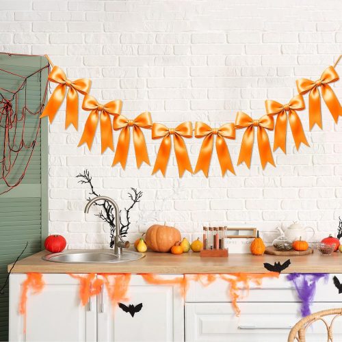 2 Strings of 16PCS Golden Yellow Bow Garlands Banner Decoration,Pre-Strung Satin Ribbon Ornaments for Birthday,Christmas,The Fall Festival,Thanksgiving,Halloween,Anniversary,Wedding,Baby Shower