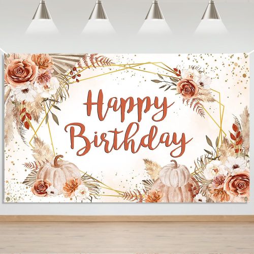 Mocsicka Pumpkin Birthday Banner Backdrop Boho Pumpkins Fall Floral Happy Birthday Background Party Decorations Thanksgiving Autumn Leaves Banner Photo Booth Props