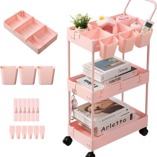 danpinera Slim Storage Cart, 3 Tier Narrow Rolling Cart on Wheels Bathroom Organizer with Dividers Handle Hanging Cups Hooks for Laundry Room Kitchen Small Spaces, Pink