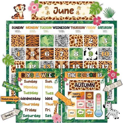 CT07013BTS143GT_1 Safari Jungle Animals Calendar Bulletin Board Set for Classroom Decoration Wild Calendar Season Weather Chart Animal Simply CTP Paper-Cuts for Back to School Teacher Nursery Chalkboard Wall Door Decor